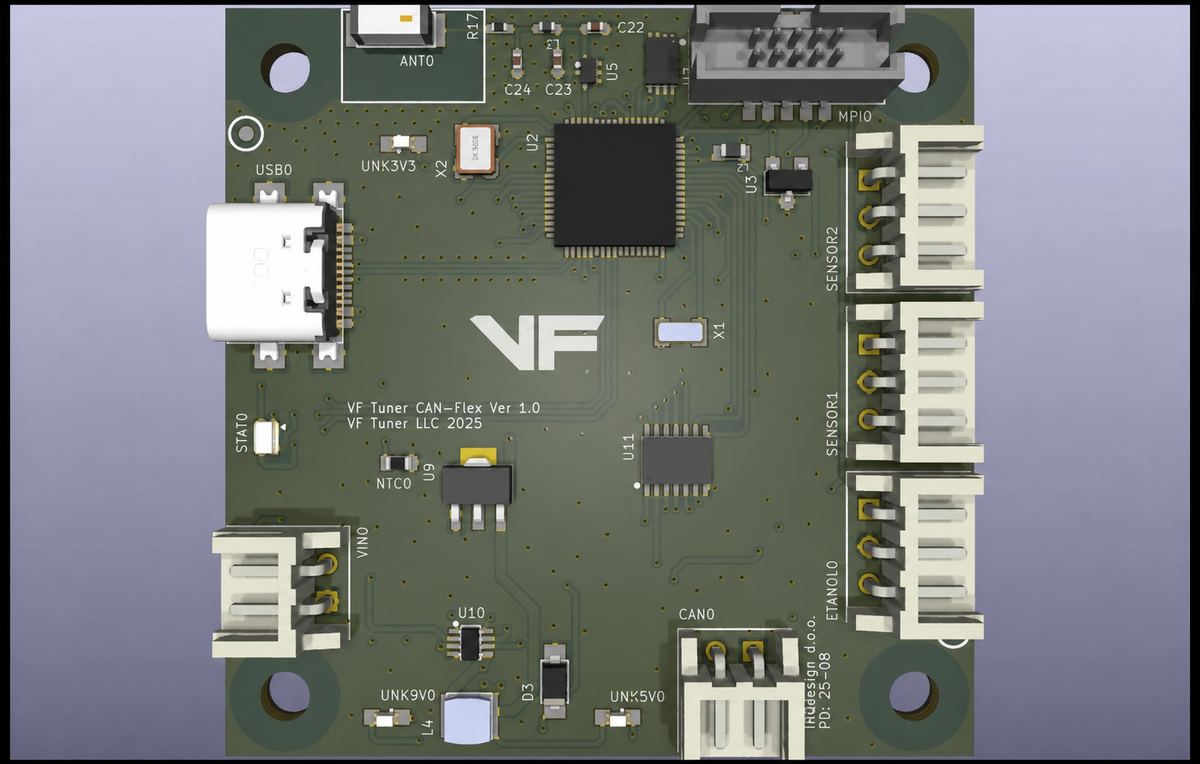 VF Tuner CAN Flex fuel adapter PCB with white VF logo centered on the board
