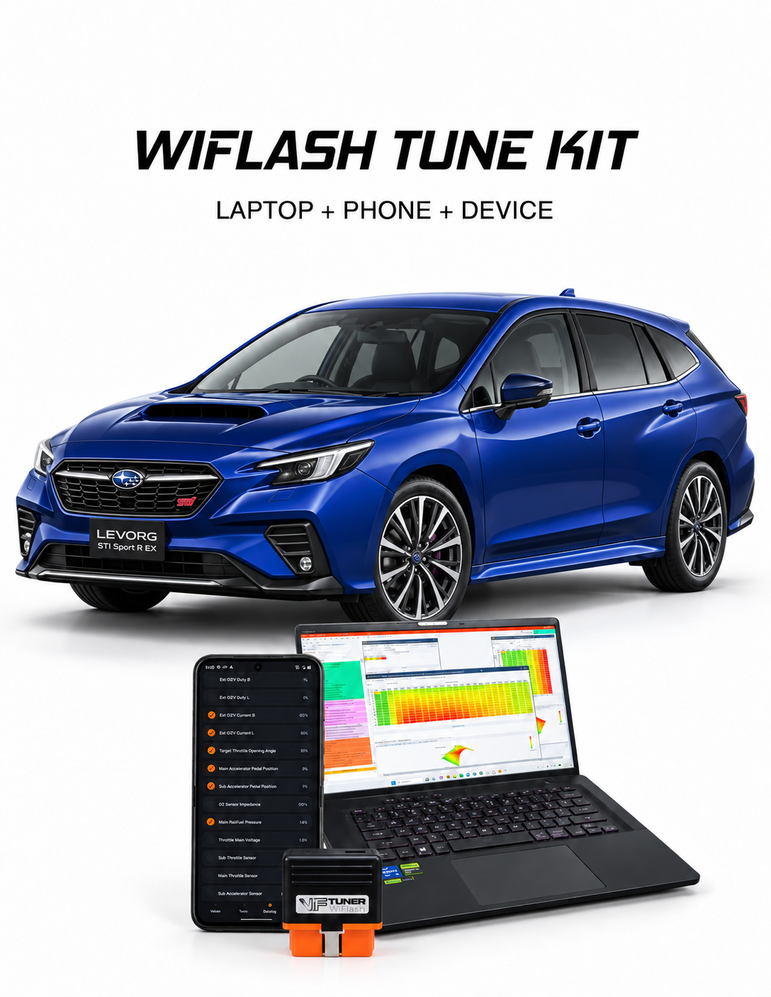 Blue VN Subaru Levorg wagon with VF Tuner laptop and Android phone software and WiFlash device
