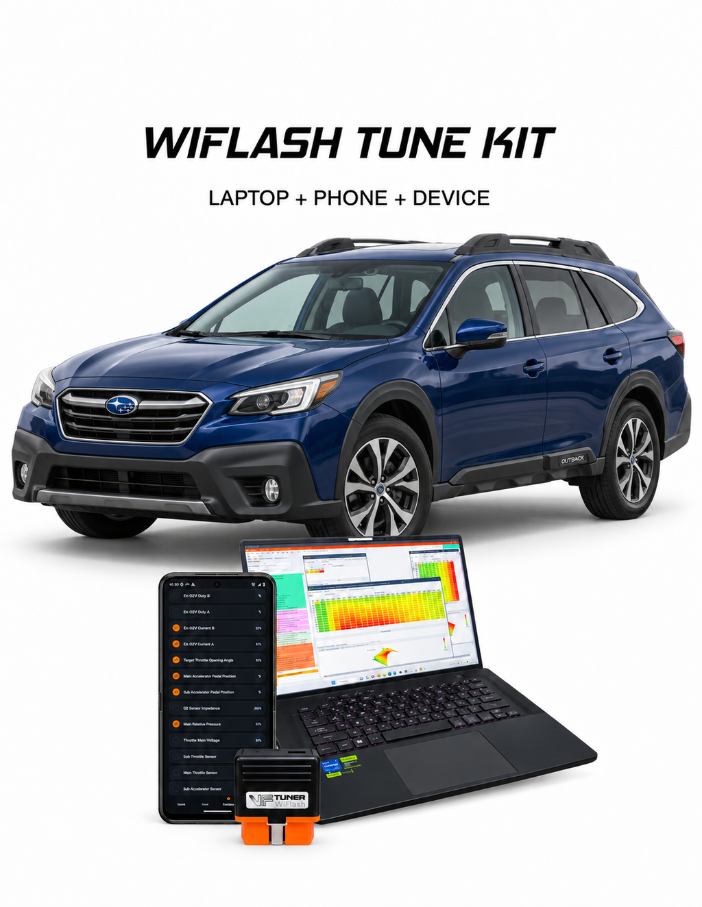 Blue Subaru Outback with VF Tuner laptop and Android phone software and WiFlash device