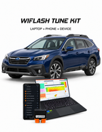 Blue Subaru Outback with VF Tuner laptop and Android phone software and WiFlash device