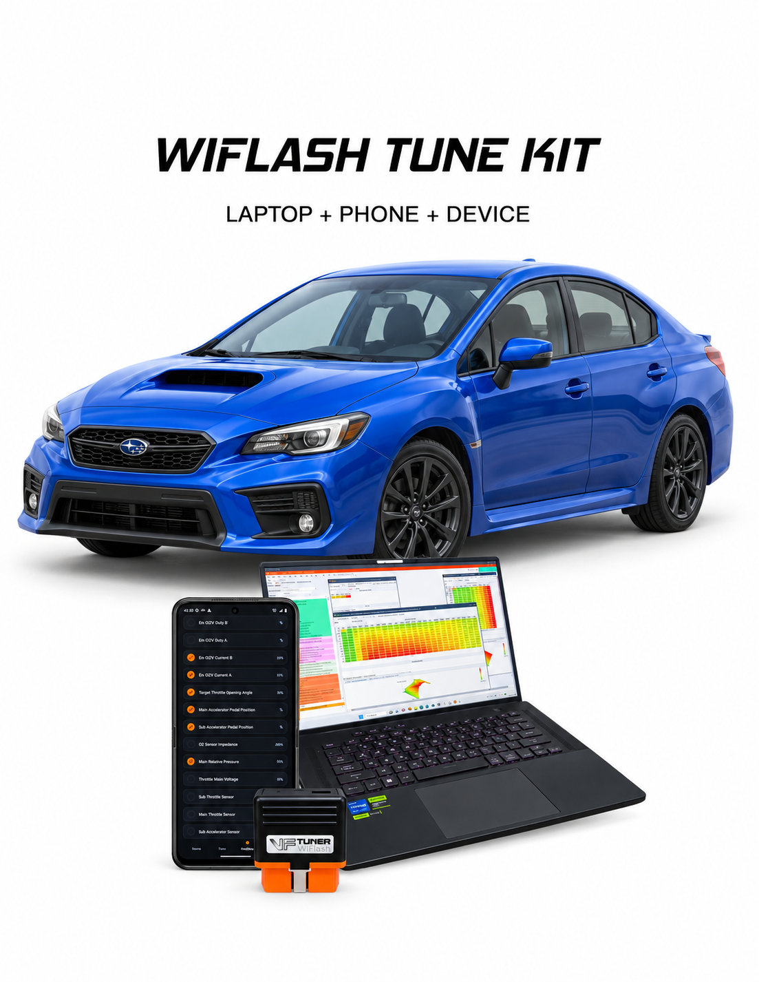 Blue VA-generation Subaru WRX 2.0L DIT with VF Tuner laptop, Android phone and WiFlash device