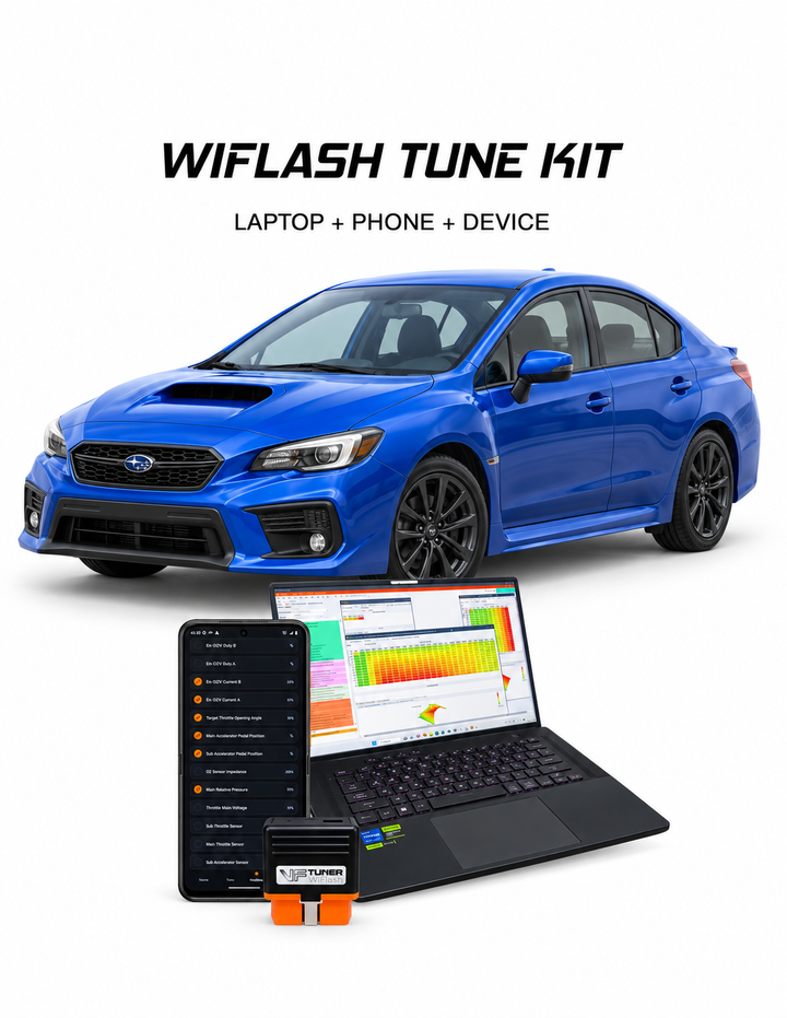 Blue VA-generation Subaru WRX 2.0L DIT with VF Tuner laptop, Android phone and WiFlash device