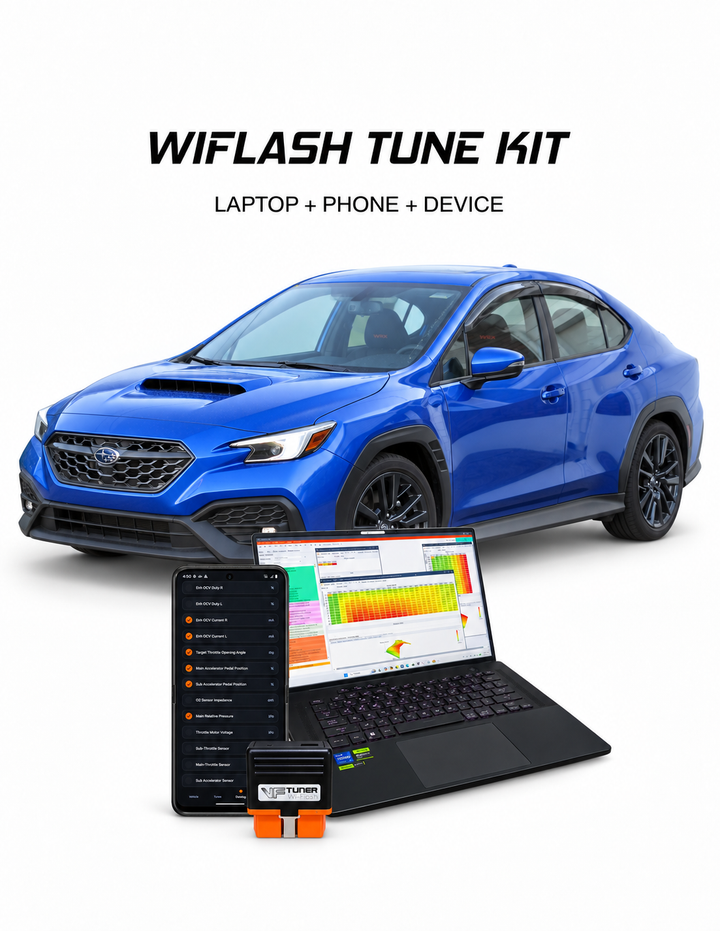 Blue 2022+ Subaru WRX behind the VF Tuner laptop, Android phone and WiFlash device kit